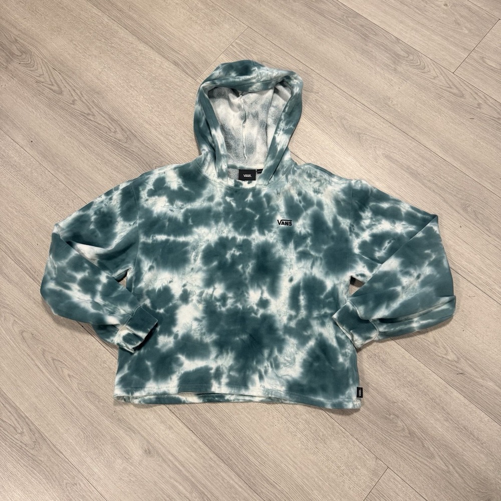 Vans Tie Dye Cropped Skater Hoodie Womens Small Teal White Pullover‎ Sweatshirt
